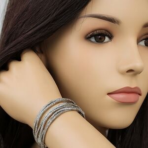 Set of 3 Silver-Tone Crystal Marquise Bangles – Textured Sparkle Elegance Women